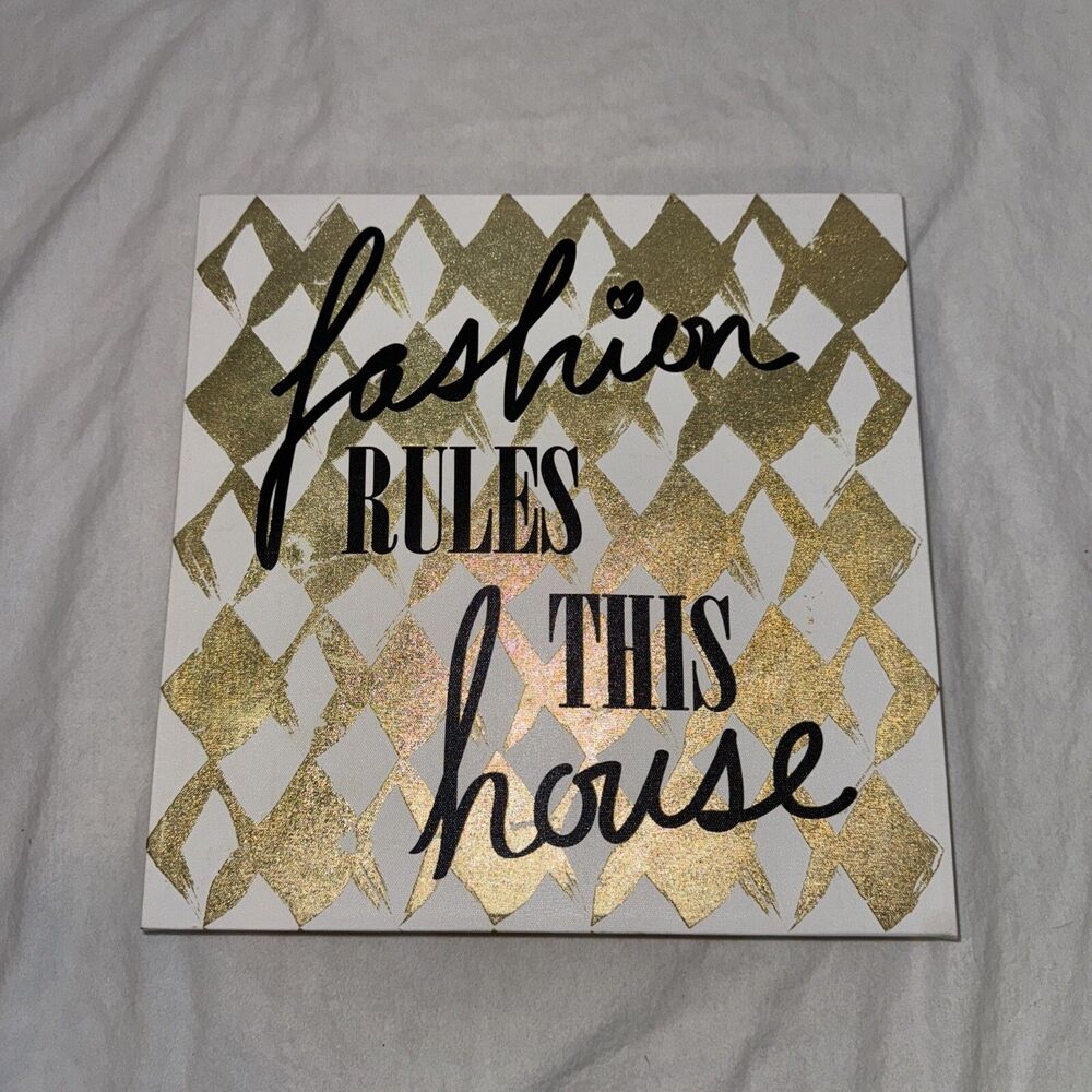 “Fashion Rules This House” Gold And Black Word Art Canvas 12” X 12”